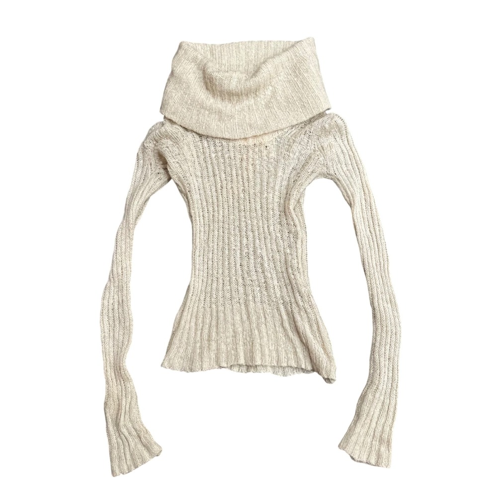 Poof Excellence Womens Cowl Neck Ribbed Knit Sweater Cream Beige Long Sleeve S